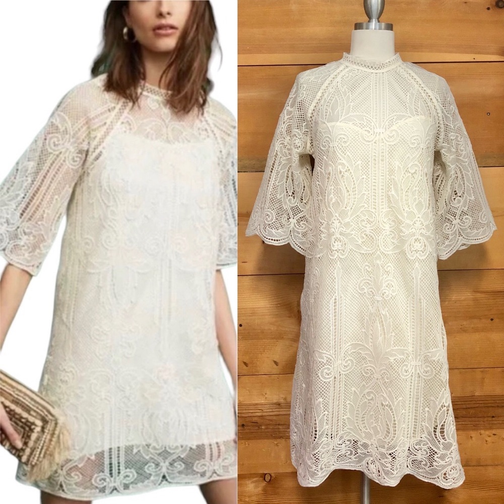 Eri & Ali Lilla swing dress lace hi neck boho beachy  crocheted bell 2/3 sleeve
